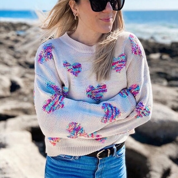 Sweaters - Sweater heart rainbow knit womens fuzzy cute